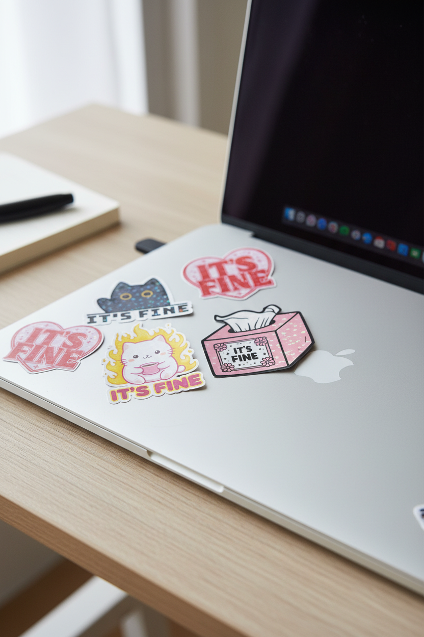 “It’s Fine” Sticker Pack — Holographic Sarcastic Cat & Funny Meme Stickers, 4-Pack Waterproof Vinyl Decals for Water Bottle, Laptop, Journal