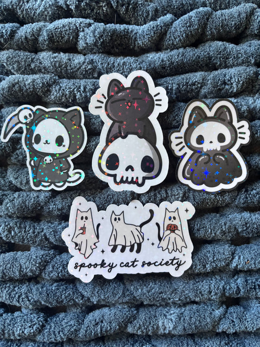 Spooky Cat Society Holographic Sticker 4-Pack | Cute Halloween Cat Stickers with Sparkle Star Overlay