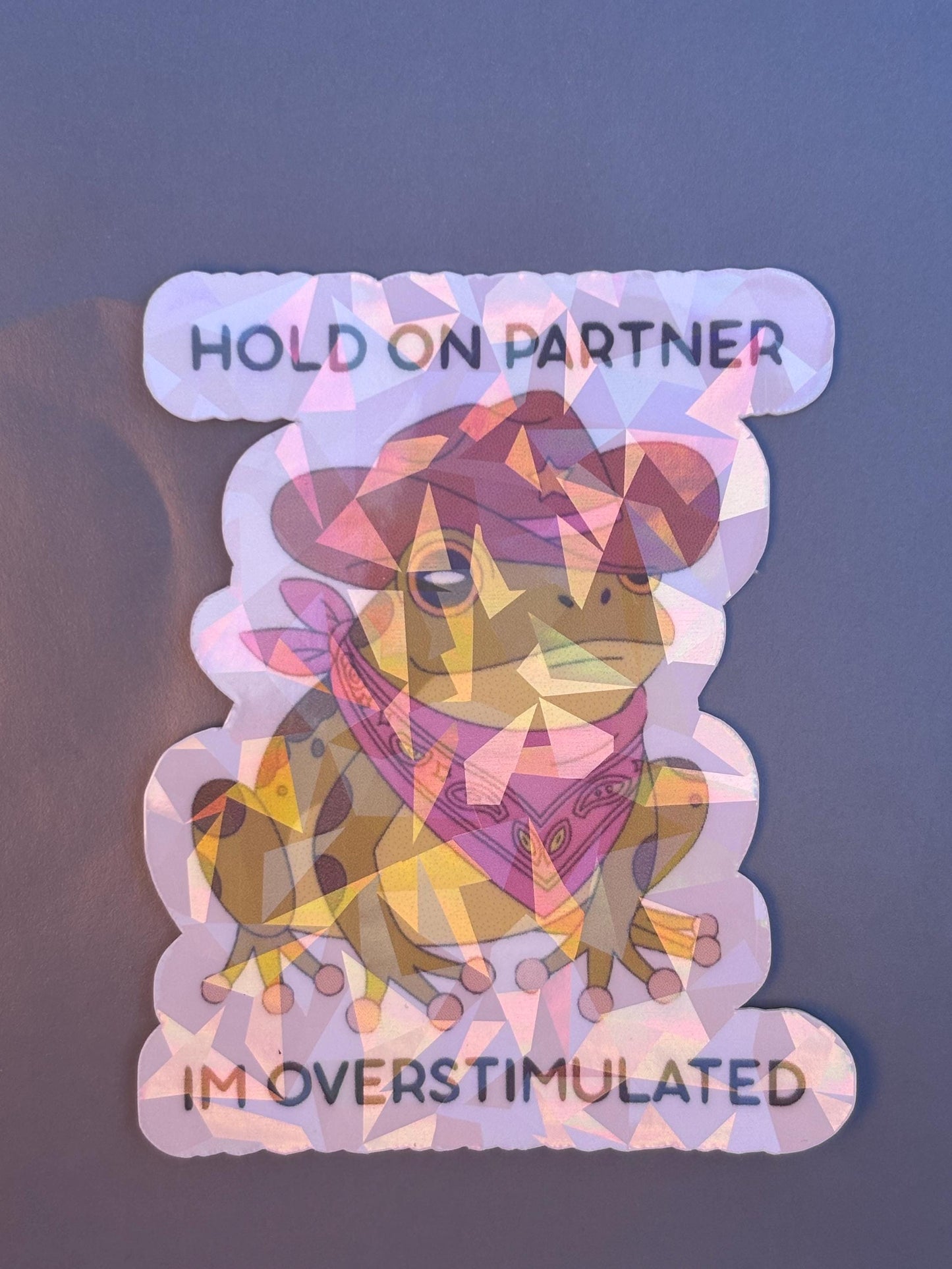 Hold On Partner I’m Overstimulated Holographic Sticker | Funny Frog Vinyl Decal | Mental Health Humor Sticker | Anxiety Gift | Cute Cowboy Frog Laptop Water Bottle Sticker
