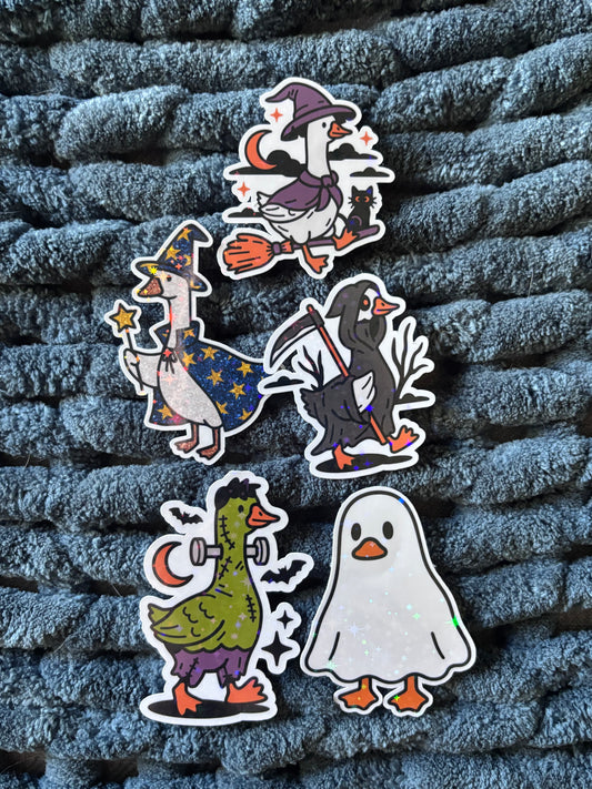 Spooky Goose Halloween Sticker Pack – Holographic Witch, Wizard, Reaper & Ghost Goose Vinyl Decals