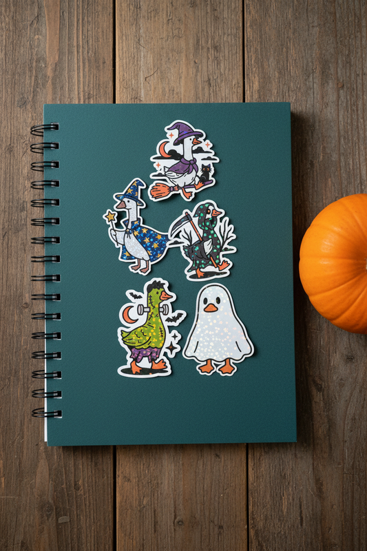 Spooky Goose Halloween Sticker Pack – Holographic Witch, Wizard, Reaper & Ghost Goose Vinyl Decals
