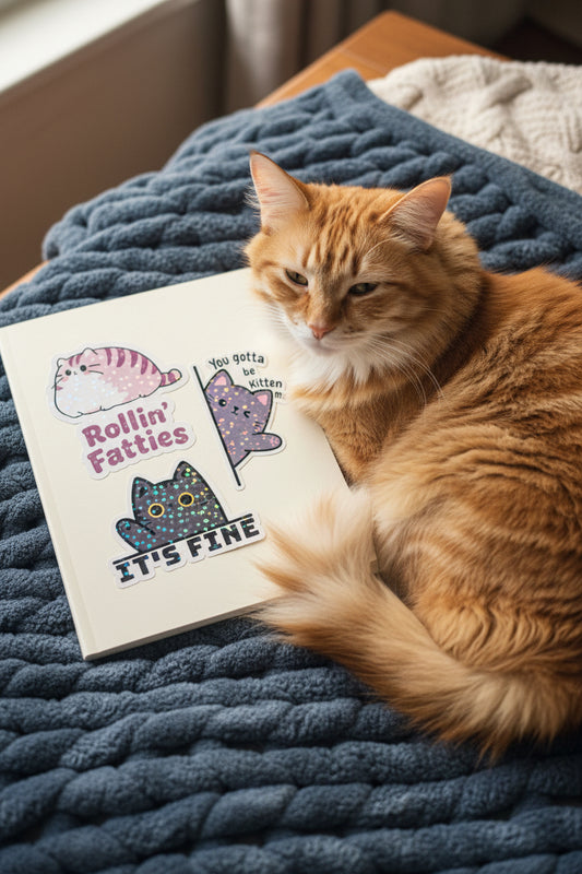 Rollin’ Fatties Cat Sticker Pack | Holographic Cute Cat Vinyl Stickers 3-Pack (Waterdrop, Laptop, Tumbler)