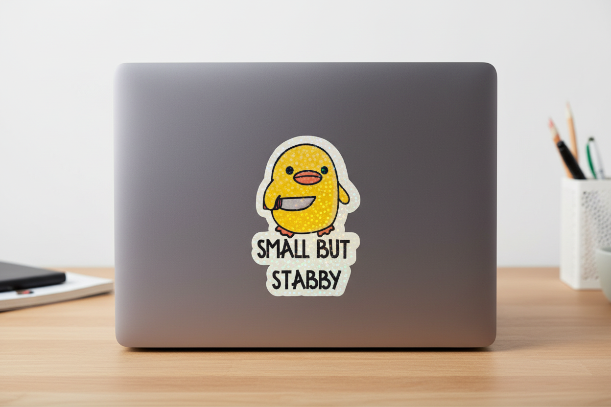 Small But Stabby Duck Sticker Funny Meme Cute Knife Duck Vinyl Decal, Laptop Water Bottle Sticker, Whimsical Gift,Waterproof, 3 Inch Decal