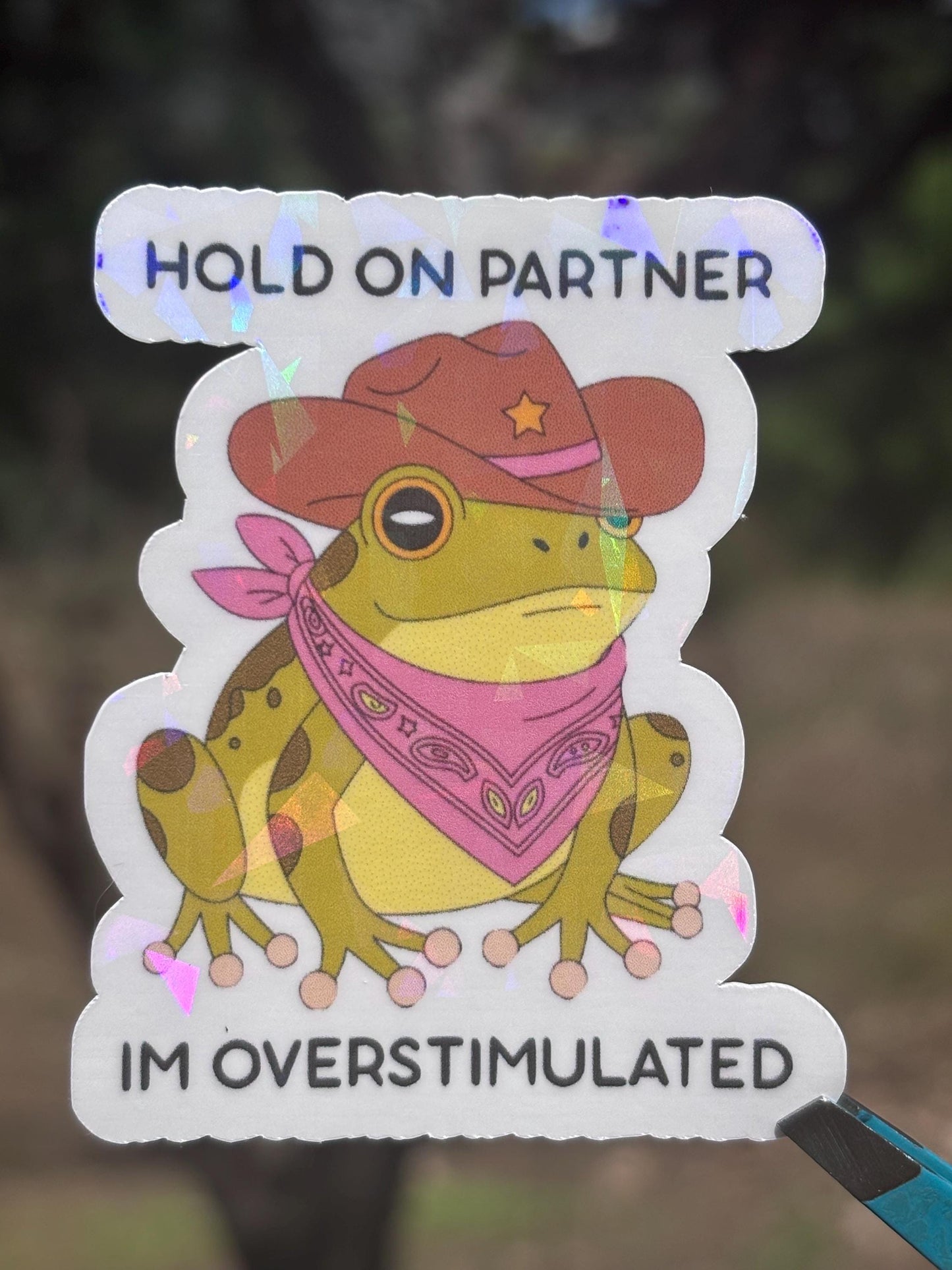 Hold On Partner I’m Overstimulated Holographic Sticker | Funny Frog Vinyl Decal | Mental Health Humor Sticker | Anxiety Gift | Cute Cowboy Frog Laptop Water Bottle Sticker