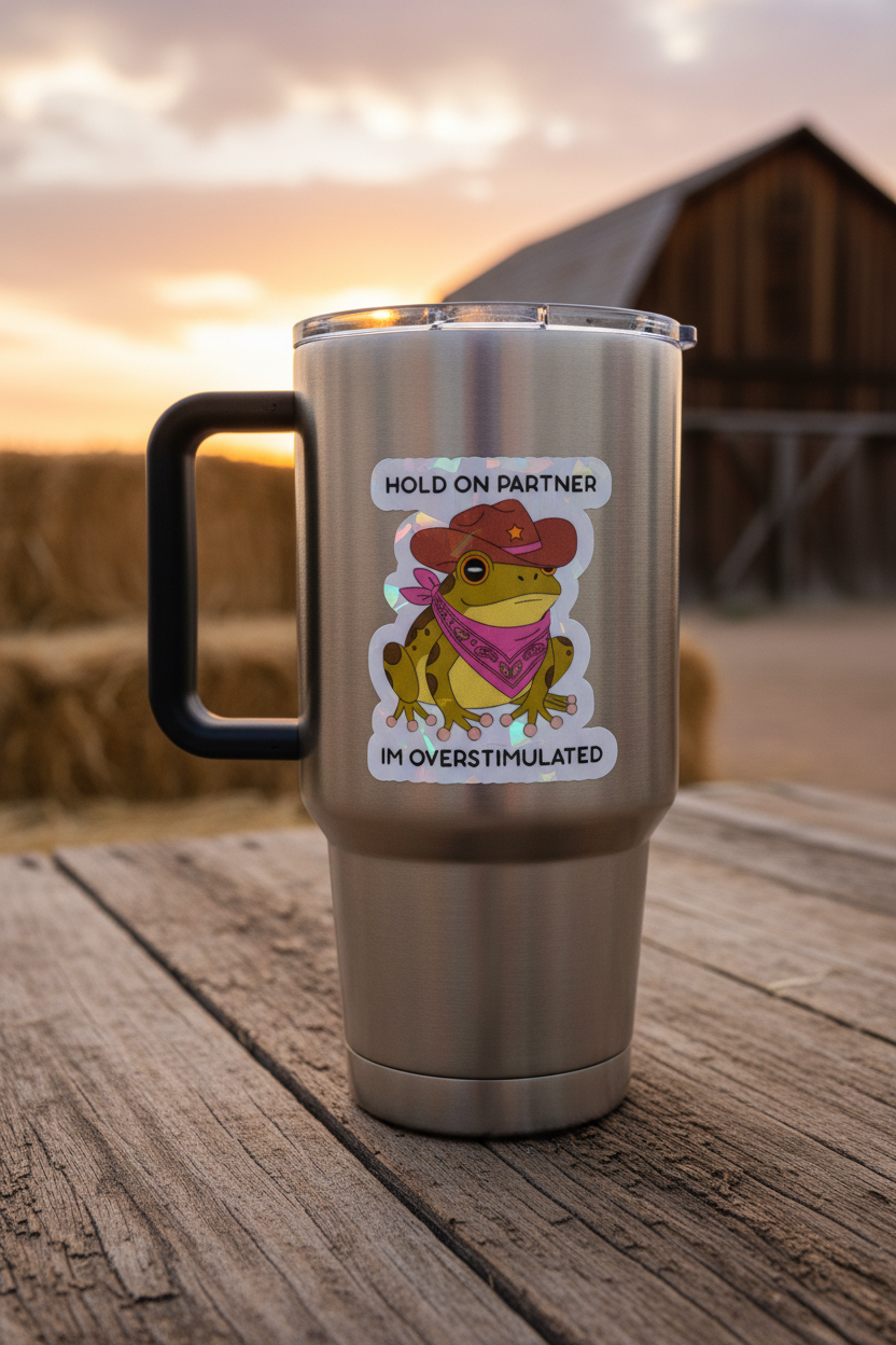 Hold On Partner I’m Overstimulated Holographic Sticker | Funny Frog Vinyl Decal | Mental Health Humor Sticker | Anxiety Gift | Cute Cowboy Frog Laptop Water Bottle Sticker