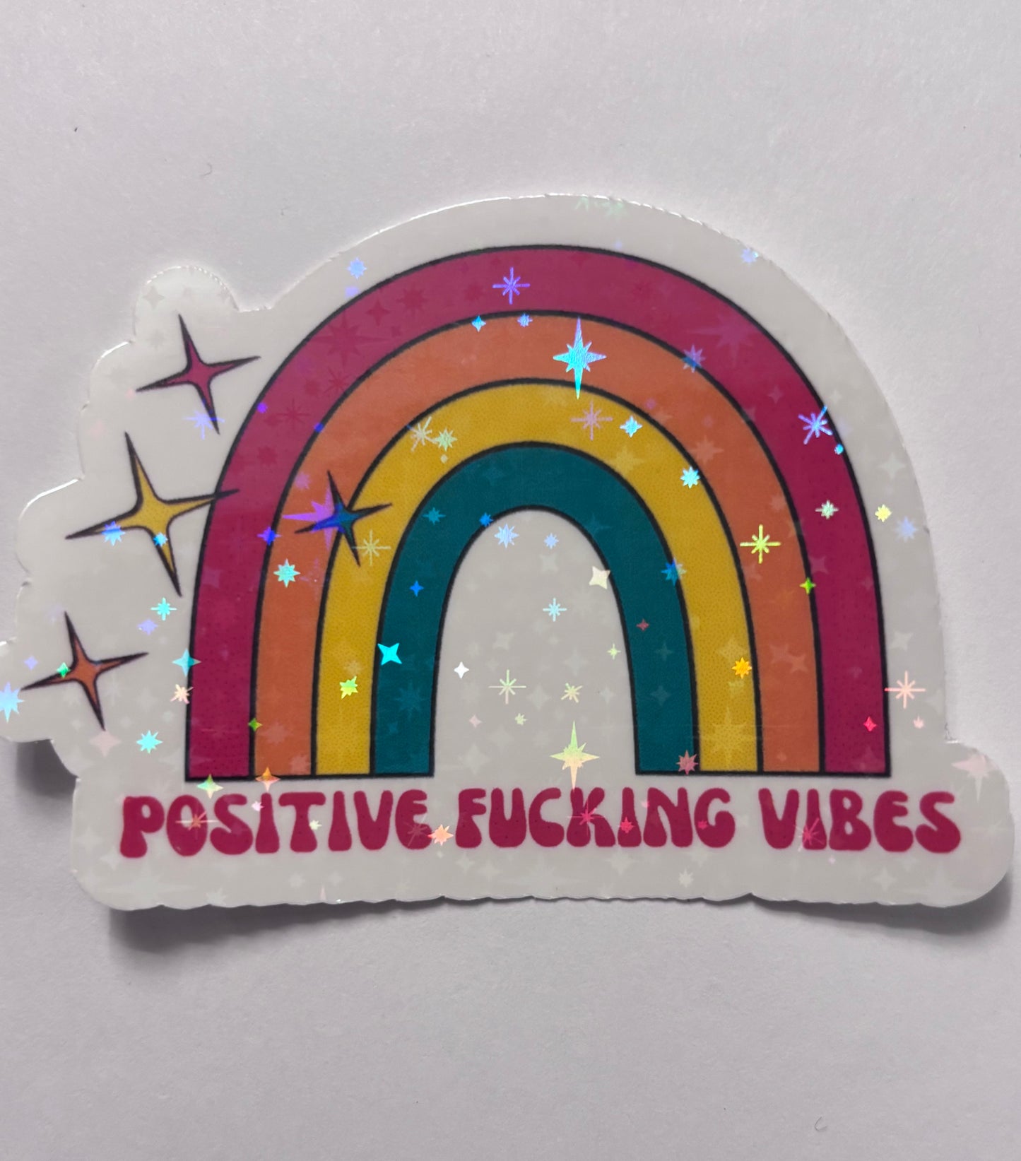 Positive Vibes Holographic Rainbow Sticker | Funny Adult Vinyl Decal | Laptop Water Bottle Sticker | Boho Glitter Sticker | Motivational Gift