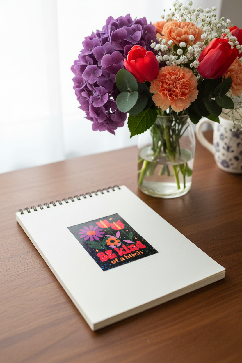 Funny Floral “Be Kind of a Bitch” Sticker | Sarcastic Retro Flower Holographic Vinyl Decal