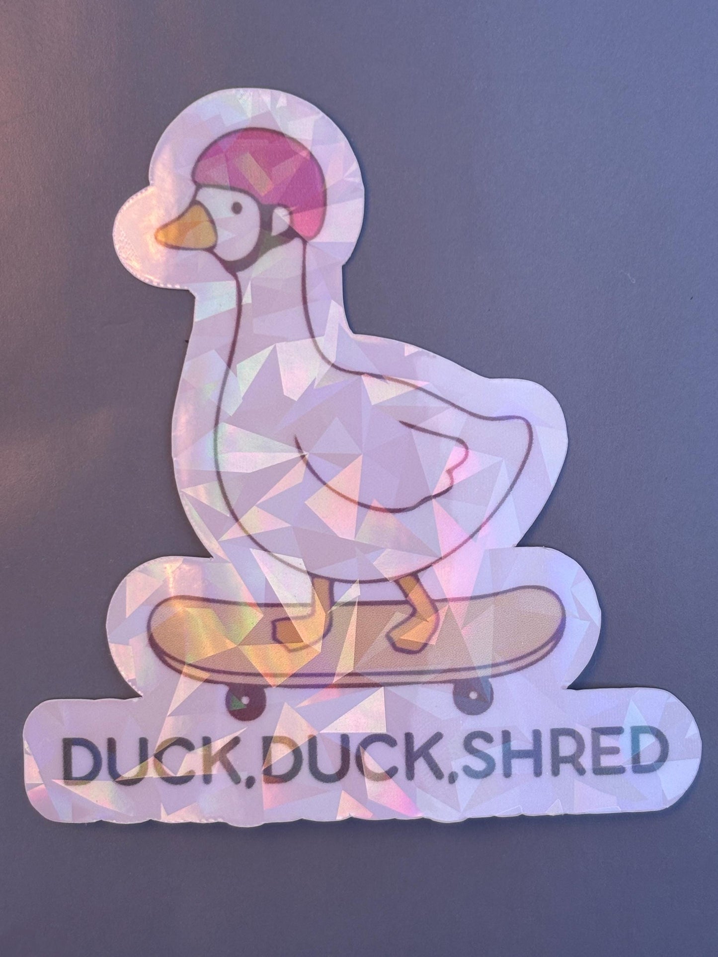 Duck Duck Shred Holographic Sticker | Funny Duck Skating Vinyl Decal | Silly Goose Collection | Cute Duck Sticker | Laptop Water Bottle Sticker, Skater Gift