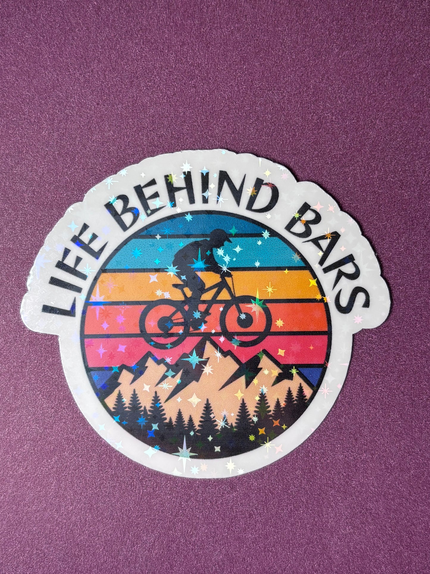Life Behind Bars Starburst |Sparkle Holographic Sticker | Mountain Bike Vinyl Decal | Cycling Gift for Cyclists | MTB Biker Sticker | Outdoor Adventure Laptop Water Bottle Sticker