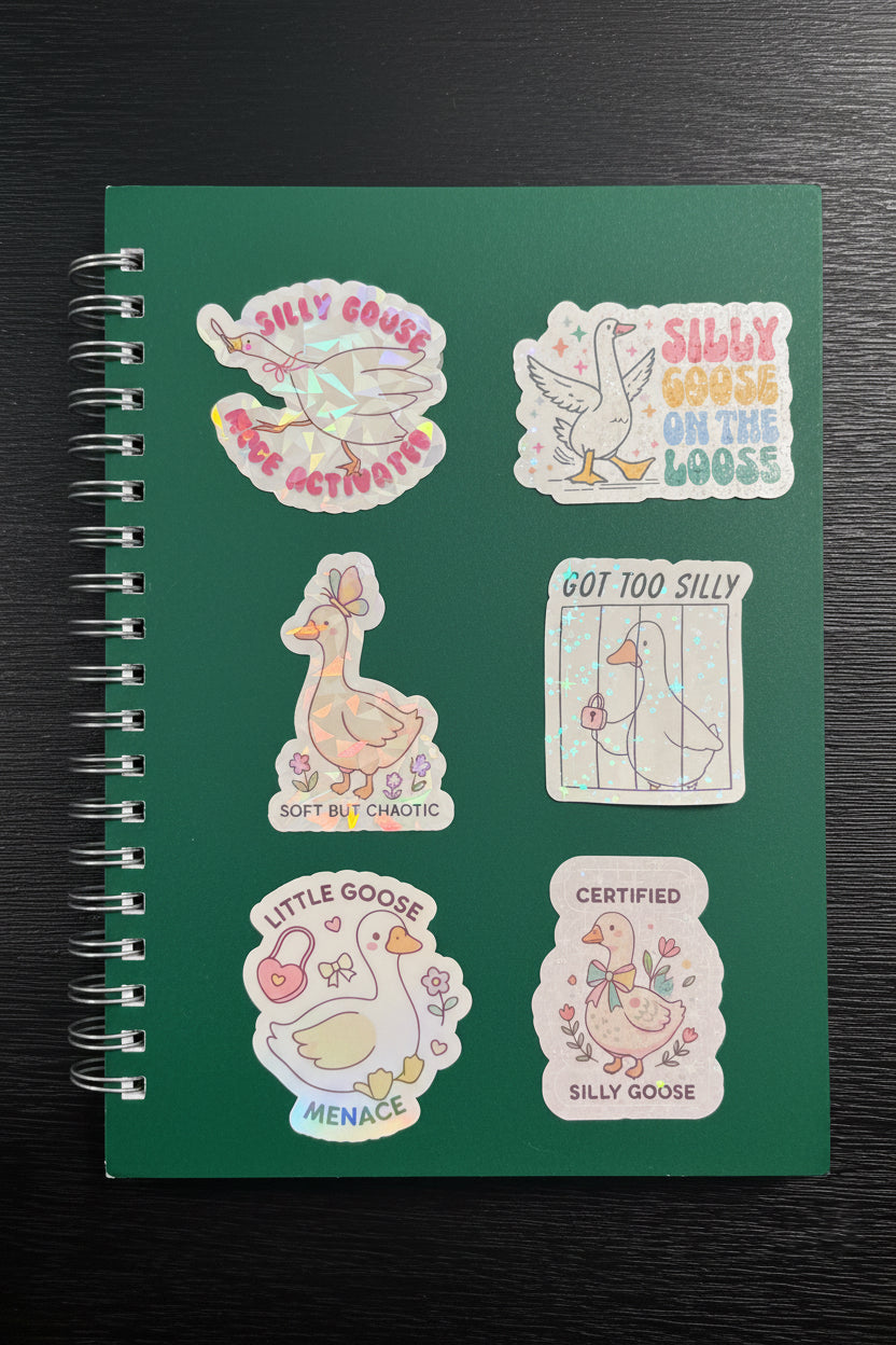 Silly Goose Holographic Sticker Pack | 6-Pack | Funny Goose Stickers | Kawaii Holographic Vinyl | Water Bottle Laptop Stickers