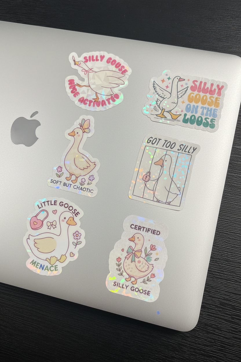 Silly Goose Holographic Sticker Pack | 6-Pack | Funny Goose Stickers | Kawaii Holographic Vinyl | Water Bottle Laptop Stickers