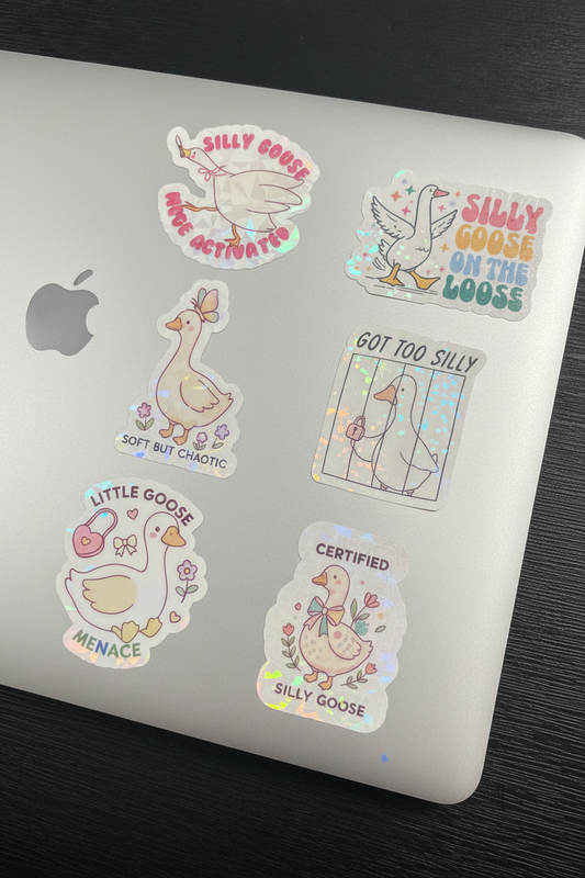 Silly Goose Holographic Sticker Pack | 6-Pack | Funny Goose Stickers | Kawaii Holographic Vinyl | Water Bottle Laptop Stickers