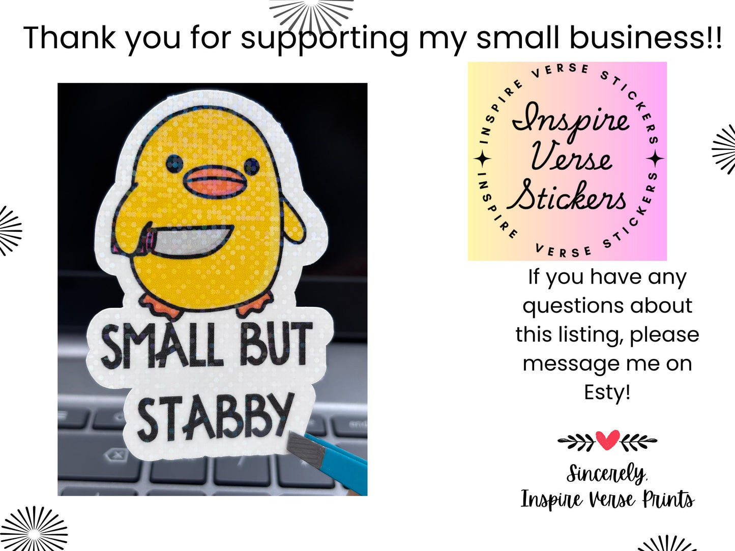 Small But Stabby Duck Sticker Funny Meme Cute Knife Duck Vinyl Decal, Laptop Water Bottle Sticker, Whimsical Gift,Waterproof, 3 Inch Decal