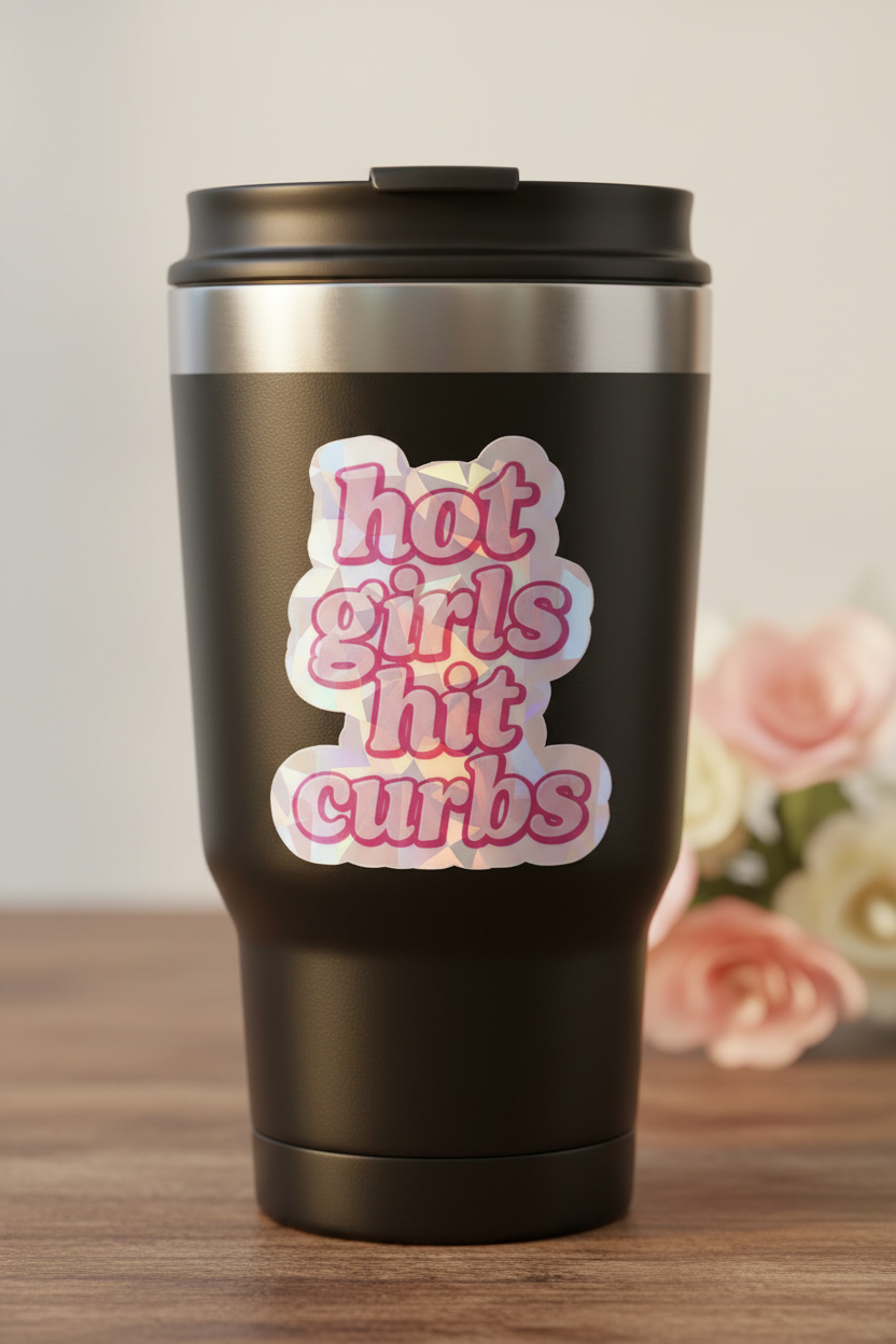 Hot Girls Hit Curbs Holographic Sticker | Funny Car Sticker for Women | New Driver Gift | Bumper Sticker Vinyl Decal | Sarcastic Humor Laptop Sticker Water Bottle Decal