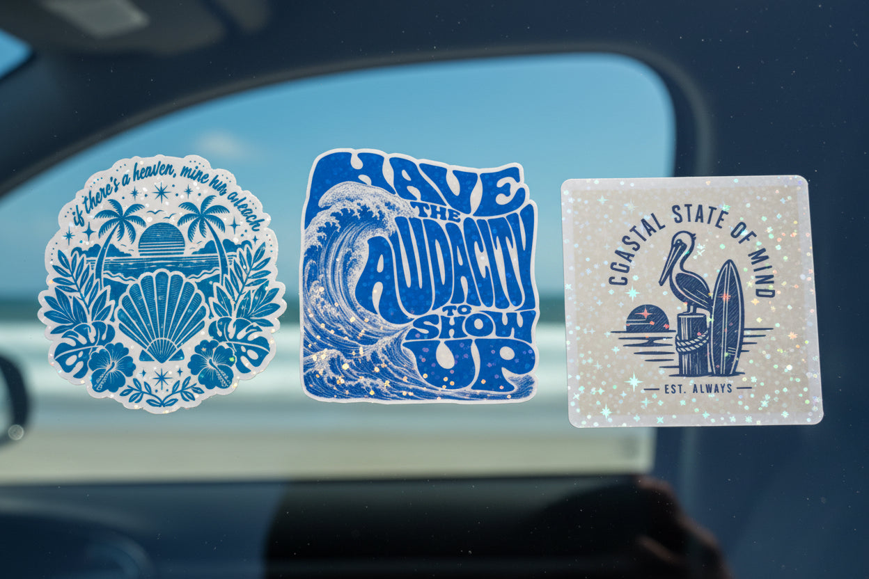 Bring the coast with you wherever you go with this holographic ocean-themed sticker 3-pack!