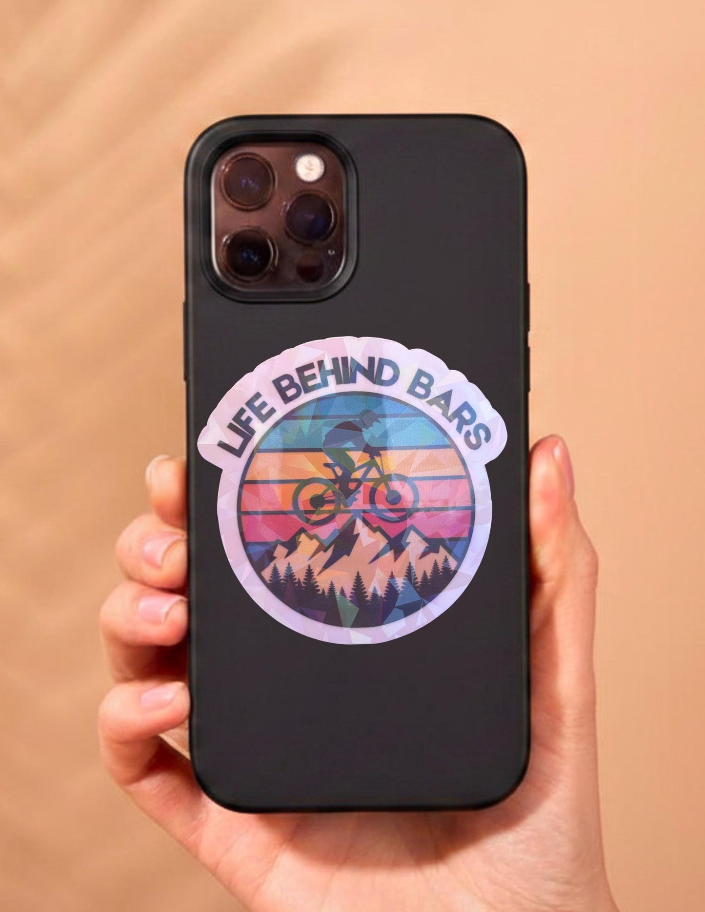 Life Behind Bars Diamond Holographic Sticker | Mountain Bike Vinyl Decal | Cycling Gift for Cyclists | MTB Biker Sticker | Outdoor Adventure Laptop Water Bottle Sticker