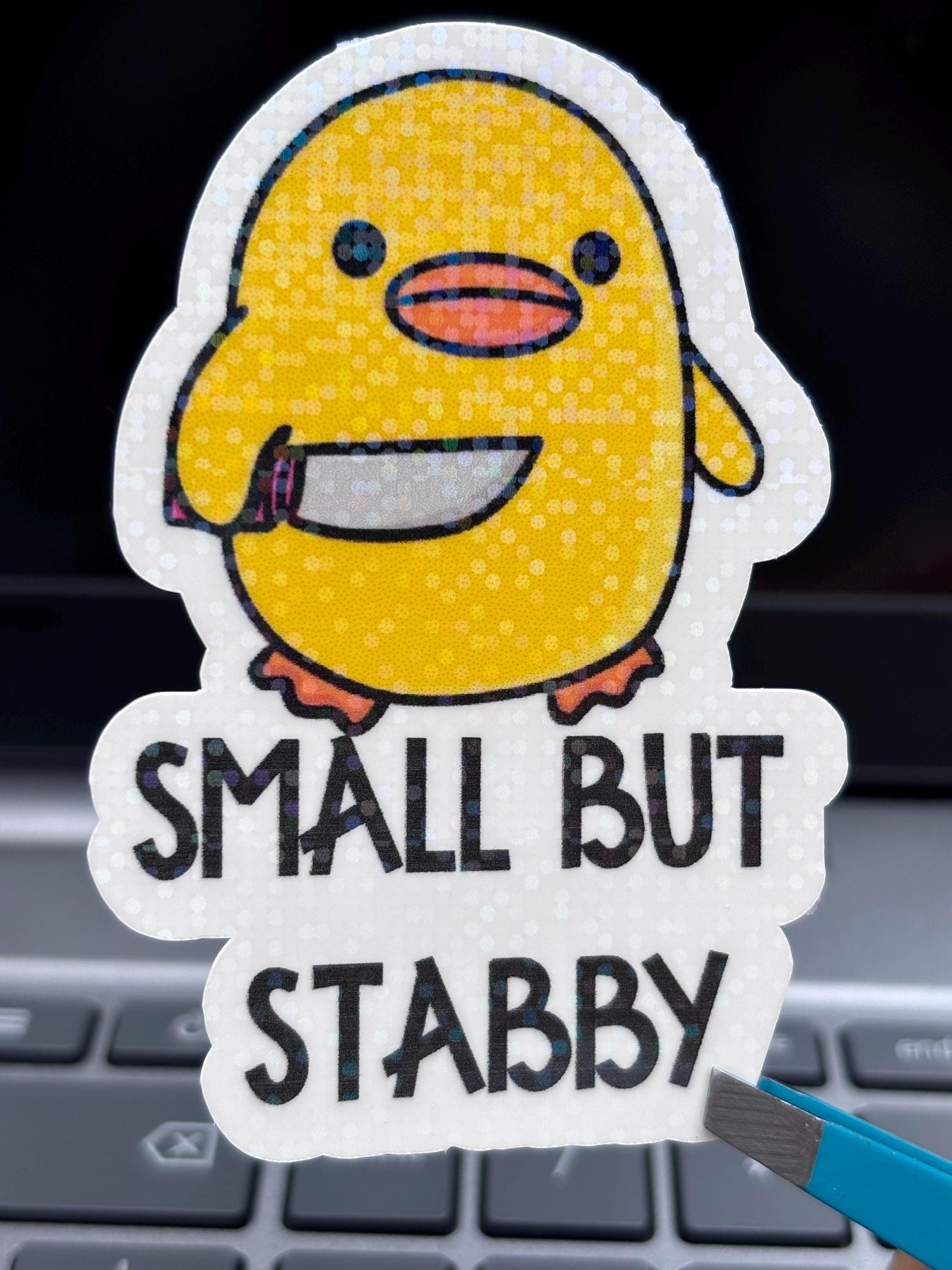 Small But Stabby Duck Sticker Funny Meme Cute Knife Duck Vinyl Decal, Laptop Water Bottle Sticker, Whimsical Gift,Waterproof, 3 Inch Decal