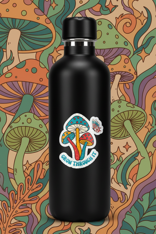 “Grow Through It” Retro Mushroom Sticker | Waterproof Vinyl | Boho Cottagecore Laptop & Water Bottle Sticker