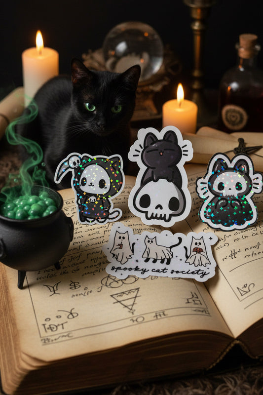 Spooky Cat Society Holographic Sticker 4-Pack | Cute Halloween Cat Stickers with Sparkle Star Overlay