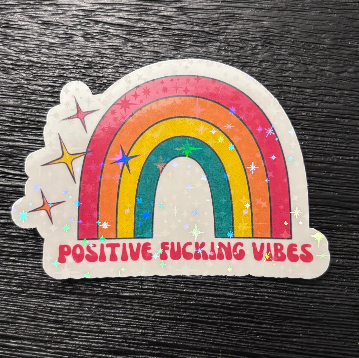 Positive Vibes Holographic Rainbow Sticker | Funny Adult Vinyl Decal | Laptop Water Bottle Sticker | Boho Glitter Sticker | Motivational Gift