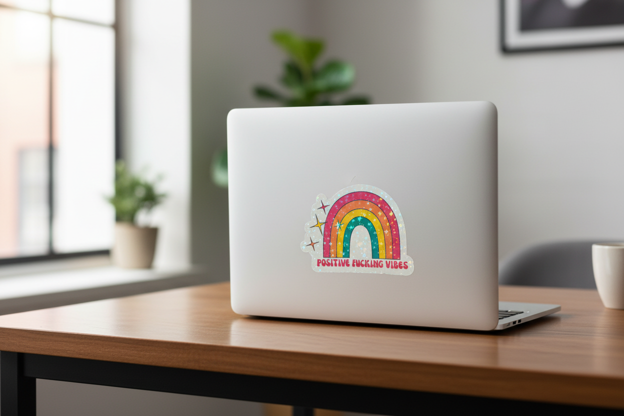 Positive Vibes Holographic Rainbow Sticker | Funny Adult Vinyl Decal | Laptop Water Bottle Sticker | Boho Glitter Sticker | Motivational Gift