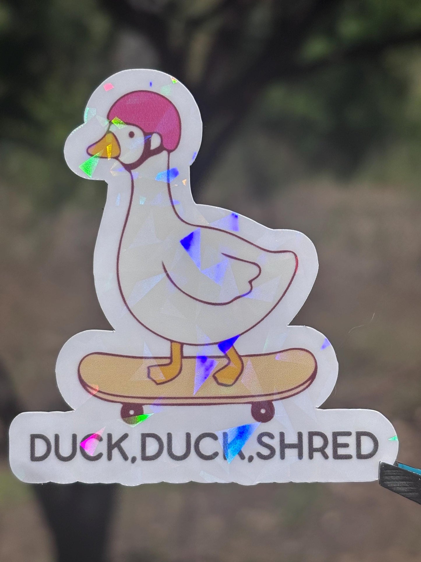Duck Duck Shred Holographic Sticker | Funny Duck Skating Vinyl Decal | Silly Goose Collection | Cute Duck Sticker | Laptop Water Bottle Sticker, Skater Gift