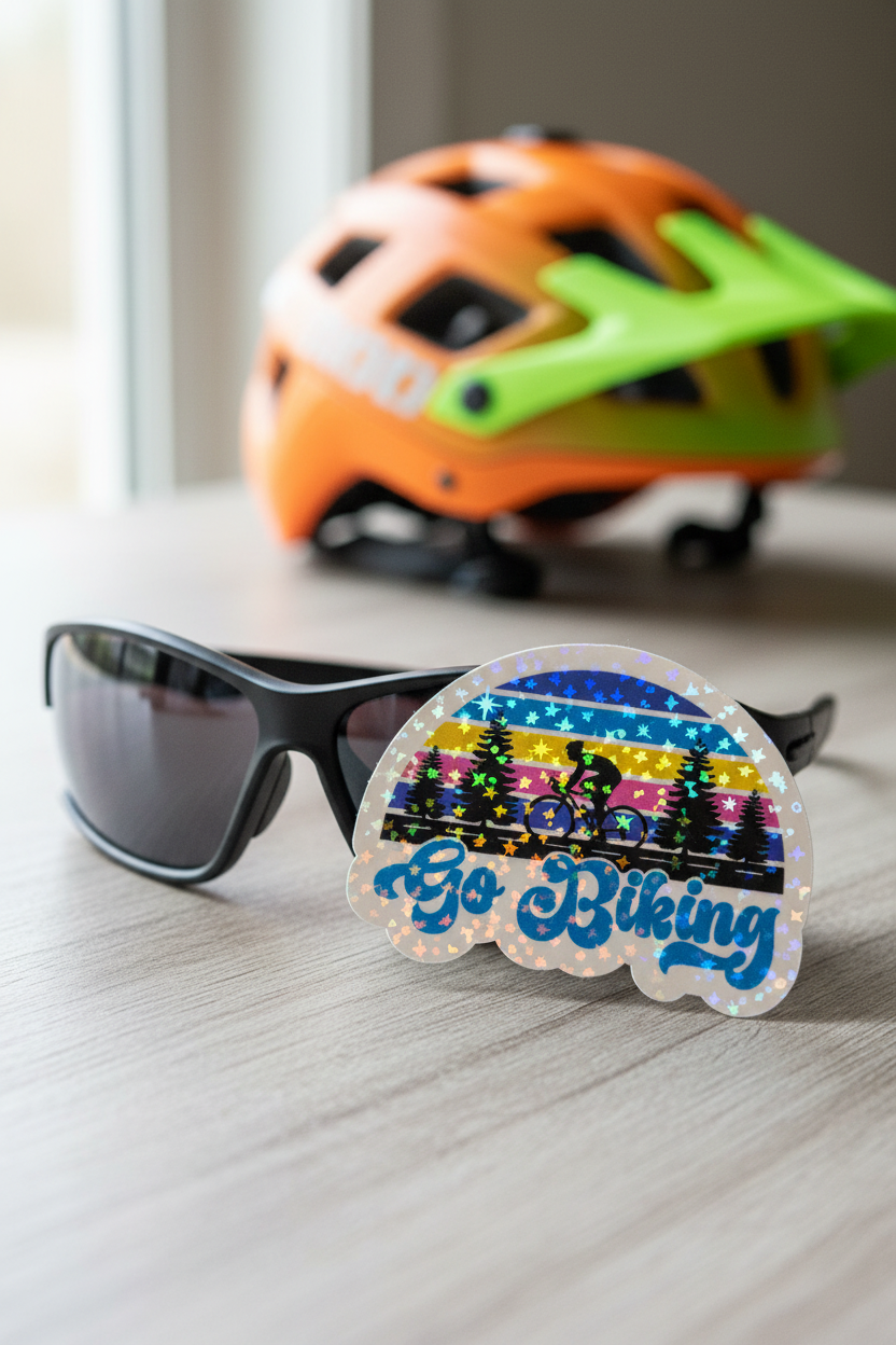 Go Biking Star Holographic Vinyl Sticker – Retro Cycling Decal for Water Bottles, Laptops & Bike Lovers
