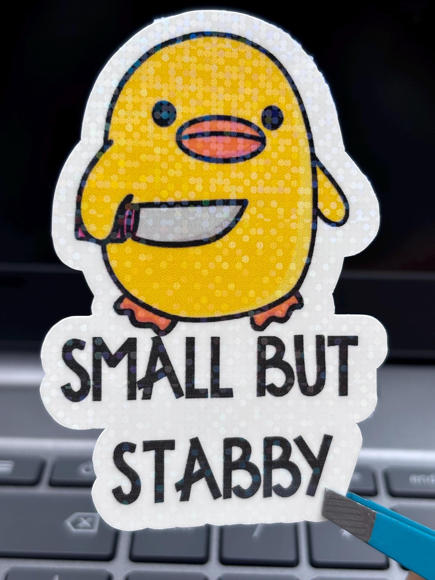 Small But Stabby Duck Sticker Funny Meme Cute Knife Duck Vinyl Decal, Laptop Water Bottle Sticker, Whimsical Gift,Waterproof, 3 Inch Decal
