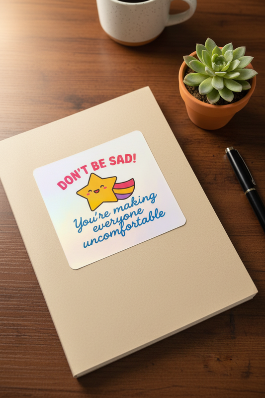 “Don’t Be Sad! You’re Making Everyone Uncomfortable” Holographic Shooting Star Sticker | Funny Sarcastic Sticker | Waterproof Vinyl Sticker for Water Bottles, Laptops & More
