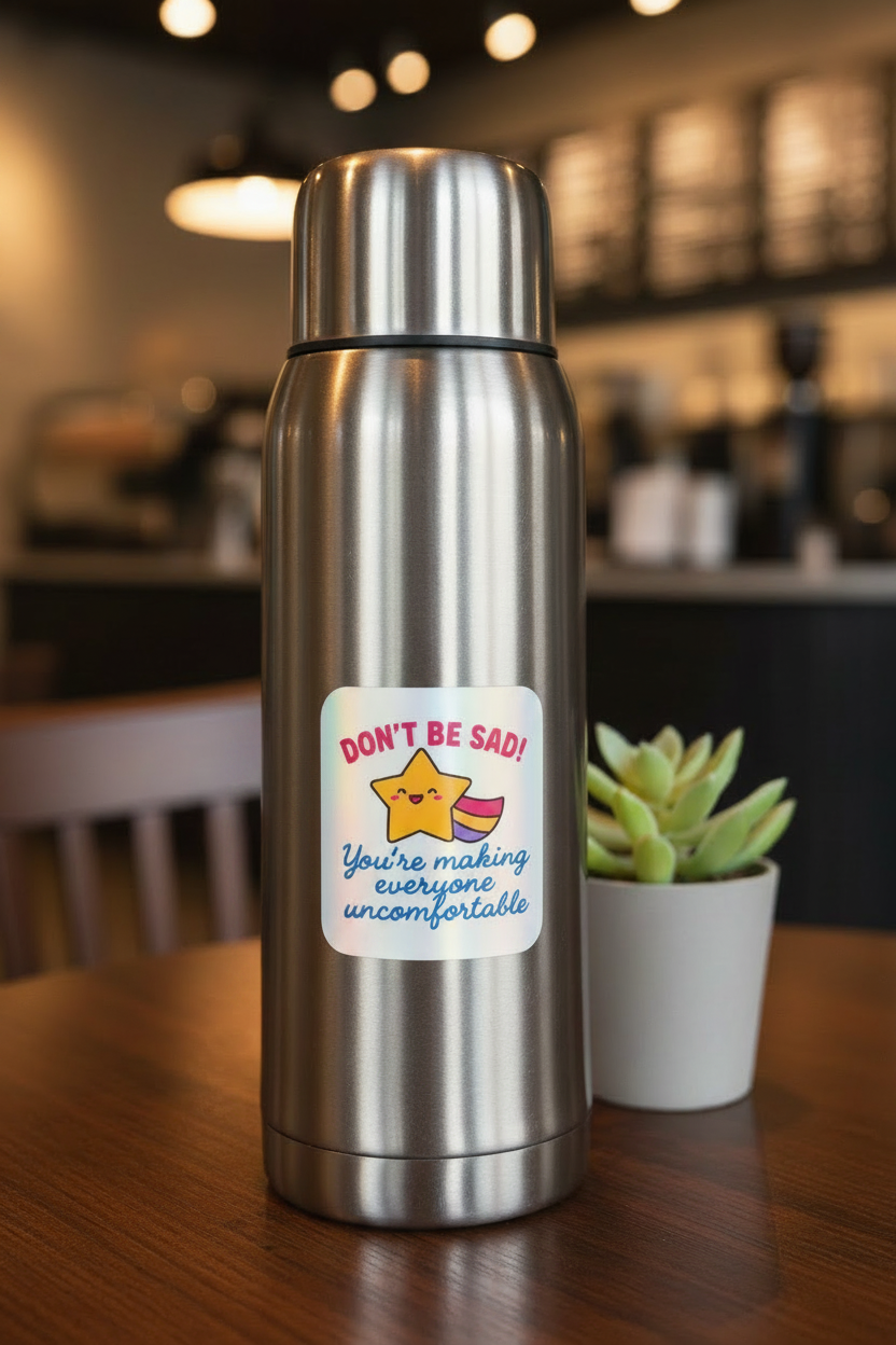 “Don’t Be Sad! You’re Making Everyone Uncomfortable” Holographic Shooting Star Sticker | Funny Sarcastic Sticker | Waterproof Vinyl Sticker for Water Bottles, Laptops & More