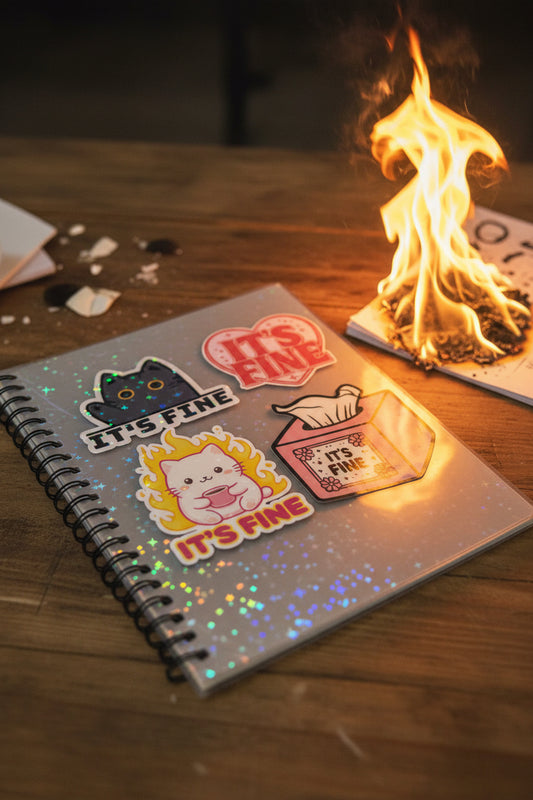 “It’s Fine” Sticker Pack — Holographic Sarcastic Cat & Funny Meme Stickers, 4-Pack Waterproof Vinyl Decals for Water Bottle, Laptop, Journal