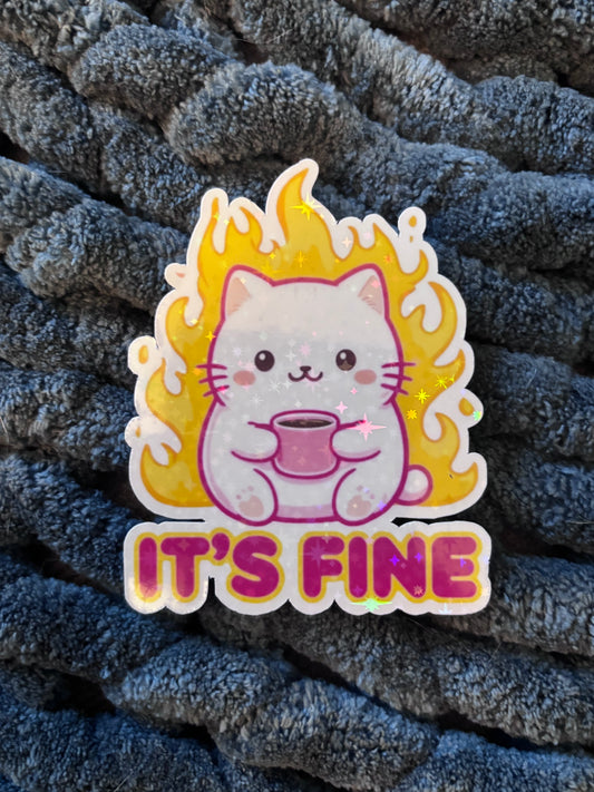 “It’s Fine” Sticker Pack — Holographic Sarcastic Cat & Funny Meme Stickers, 4-Pack Waterproof Vinyl Decals for Water Bottle, Laptop, Journal
