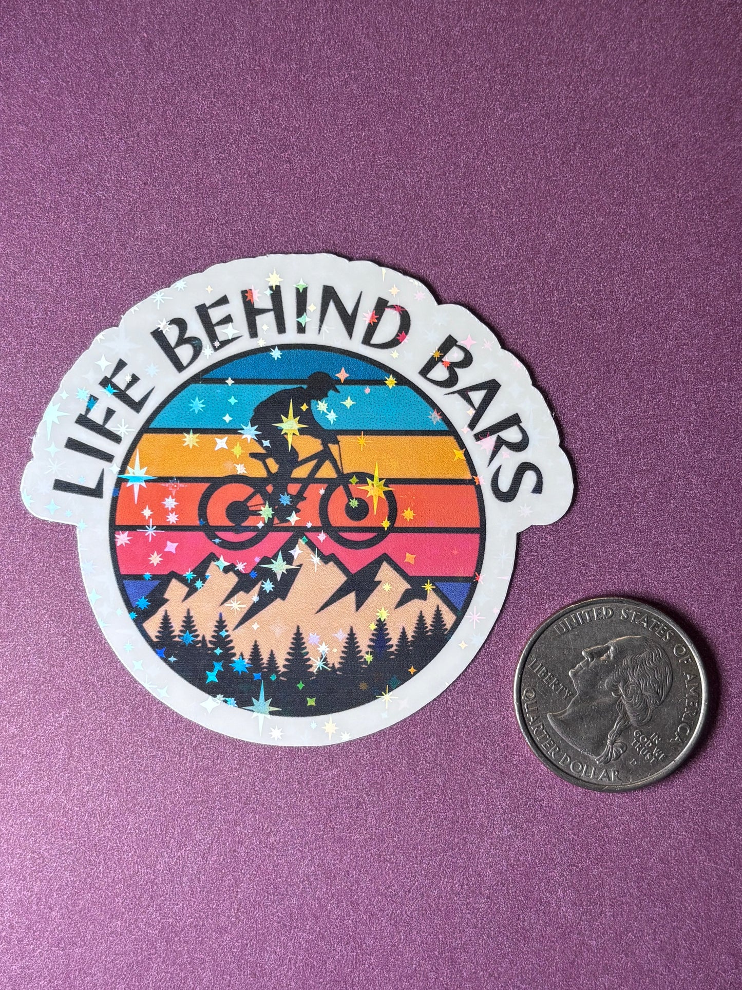Life Behind Bars Starburst |Sparkle Holographic Sticker | Mountain Bike Vinyl Decal | Cycling Gift for Cyclists | MTB Biker Sticker | Outdoor Adventure Laptop Water Bottle Sticker