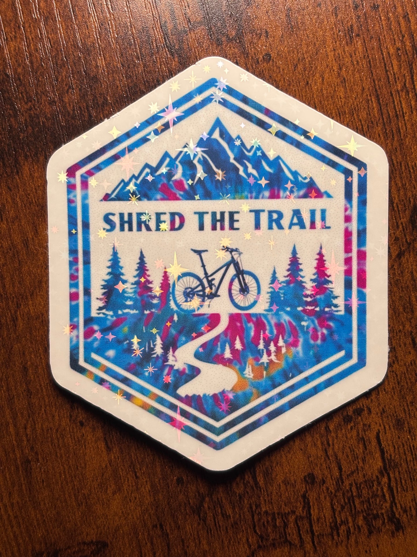 Shred The Trail Mountain Bike Sticker | Holographic Tie-Dye MTB Sticker | Waterproof Laptop Water Bottle Sticker | Trail Blazer Gift | Inspire Verse Stickers