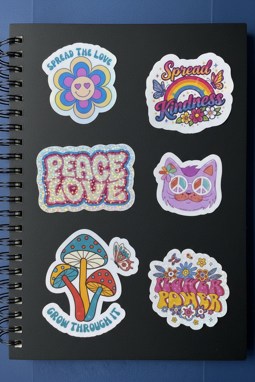 Holographic Sticker Bundle Pack | 6-Pack Retro Groovy Aesthetic Stickers | Boho Hippie Inspirational Sticker Set