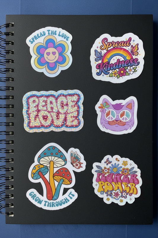 Holographic Sticker Bundle Pack | 6-Pack Retro Groovy Aesthetic Stickers | Boho Hippie Inspirational Sticker Set