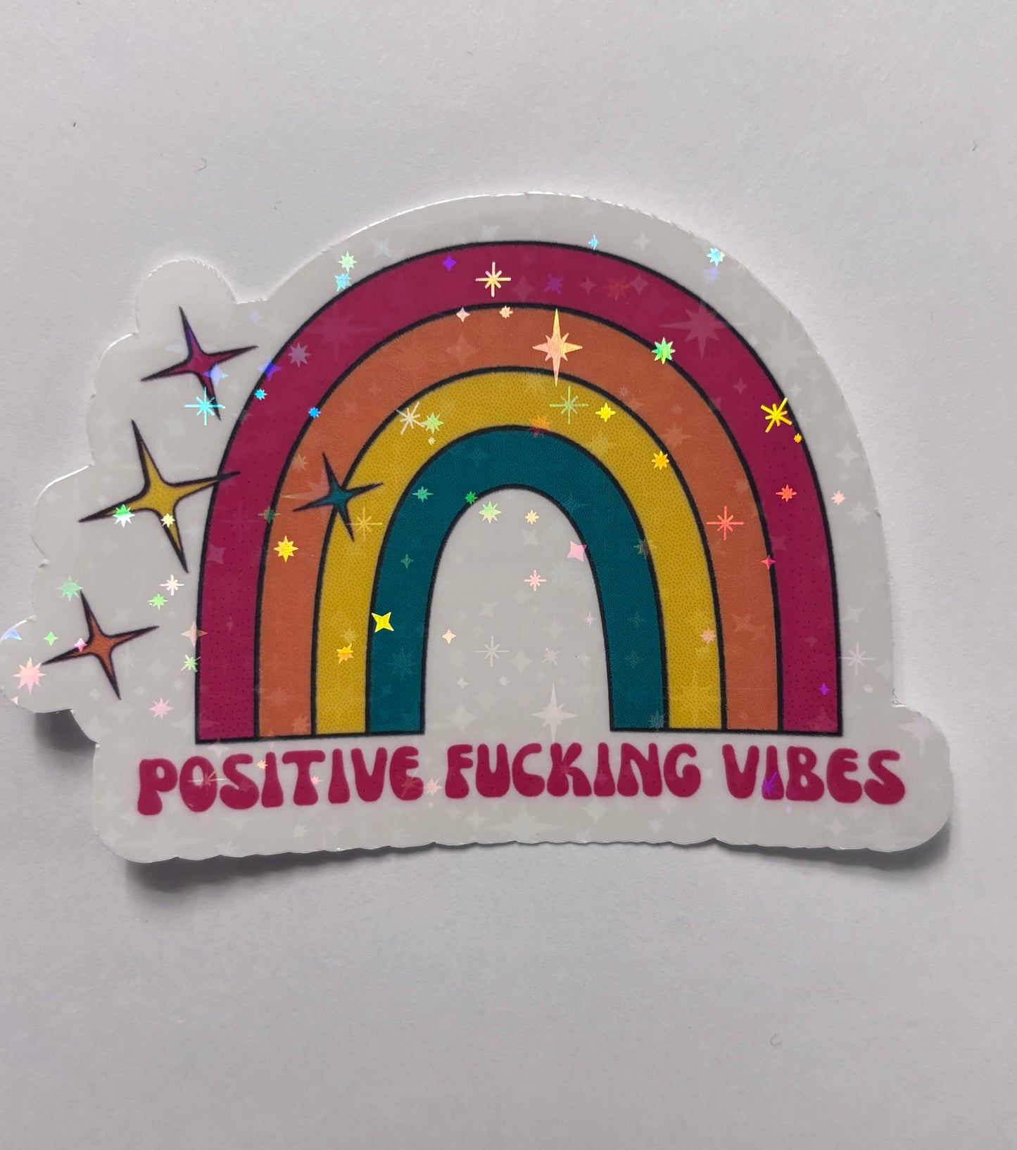 Positive Vibes Holographic Rainbow Sticker | Funny Adult Vinyl Decal | Laptop Water Bottle Sticker | Boho Glitter Sticker | Motivational Gift