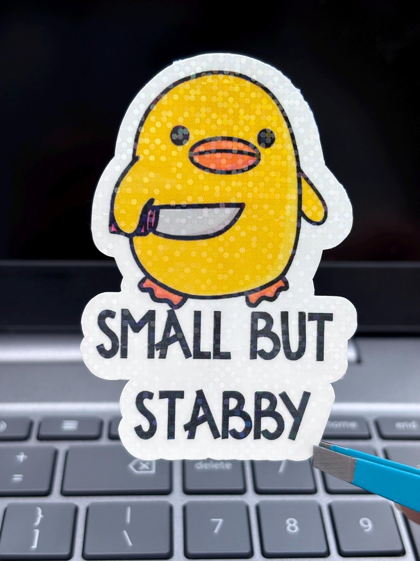 Small But Stabby Duck Sticker Funny Meme Cute Knife Duck Vinyl Decal, Laptop Water Bottle Sticker, Whimsical Gift,Waterproof, 3 Inch Decal