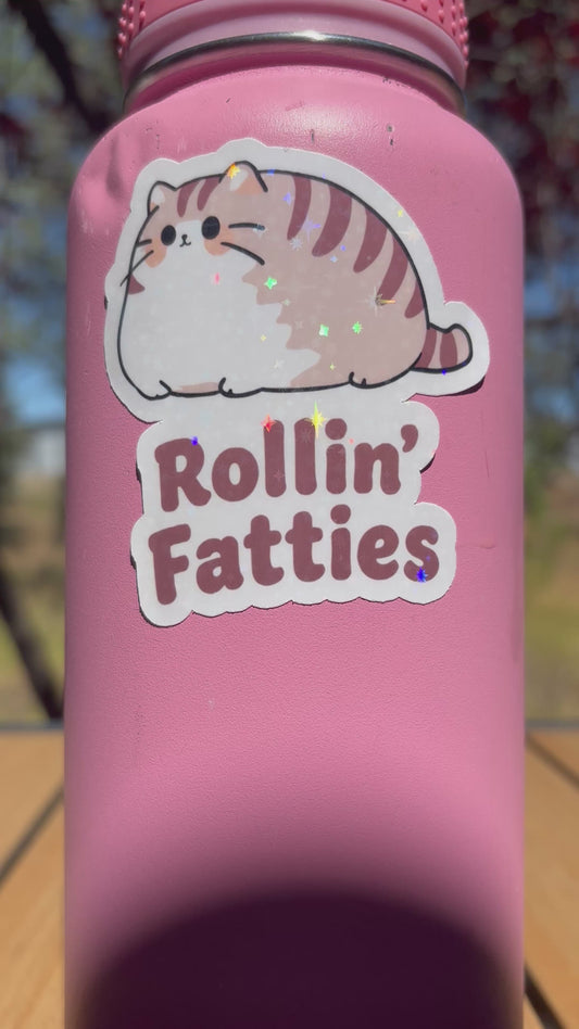Rollin’ Fatties Cat Sticker Pack | Holographic Cute Cat Vinyl Stickers 3-Pack (Waterdrop, Laptop, Tumbler)